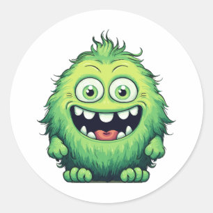 Pegatina Redonda Dibujo Animado Monstruo Verde Lindo Sonriendo