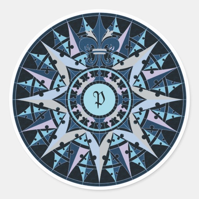 Pegatina Redonda Dibujo artístico, rosa de brújula antigua, añadir  (Anverso)