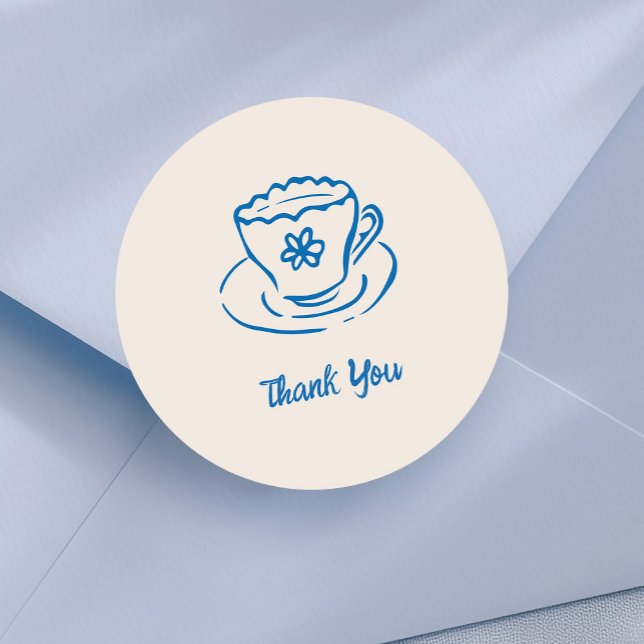 Pegatina Redonda Dibujo Caprichoso de Taza de Té Gracias (whimsical tea cup doodle thank you sticker for bridal shower)