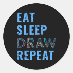 Pegatina Redonda Dibujo Comer Sleep Draw Repetir