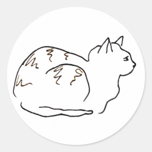 Pegatina Redonda Dibujo de arte de línea de gato rayado