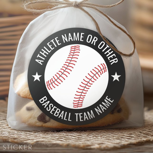 Pegatina Redonda Dibujo de béisbol con nombre de equipo y atleta mo (Custom Sticker)