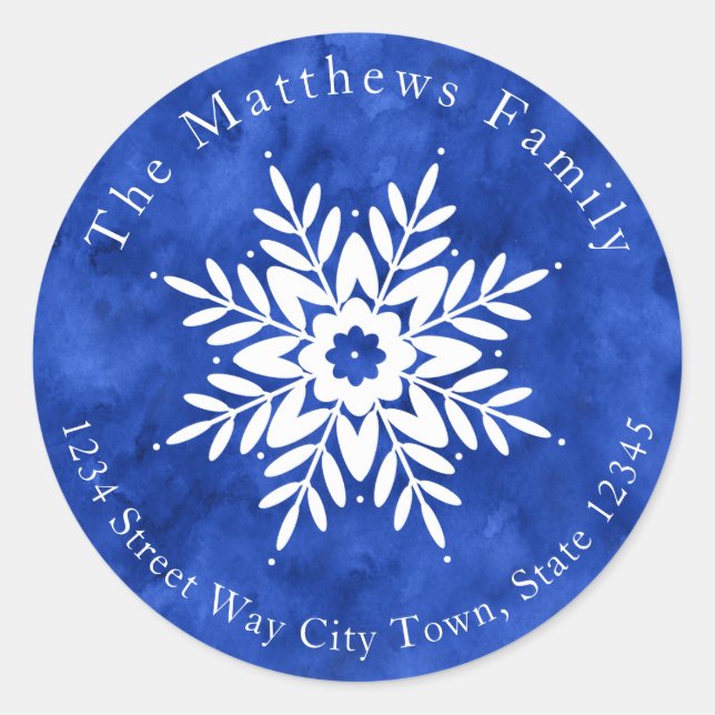 Pegatina Redonda Dibujo de copo de nieve 2, acuarela azul índigo (Anverso)