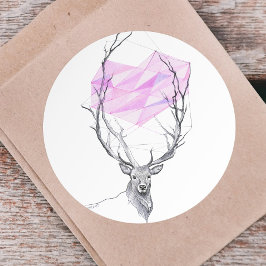 Pegatina Redonda Dibujo de corazón geométrico de venado y rosa Arte