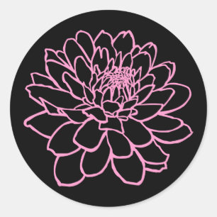 Pegatina Redonda Dibujo de crisantemo - Rosa sobre negro