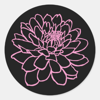 Pegatina Redonda Dibujo de crisantemo - Rosa sobre negro