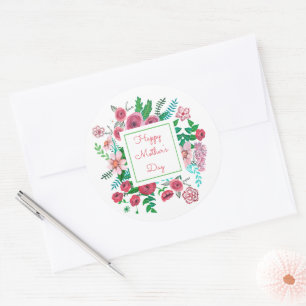 Pegatina Redonda Dibujo de Día de la Madre de chile rosa floral de 