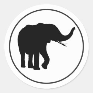 Pegatina Redonda Dibujo de elefante negro en círculo blanco