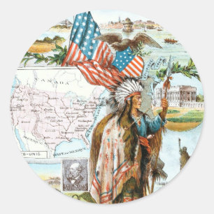 Pegatina Redonda Dibujo de época: Collage de Estados Unidos