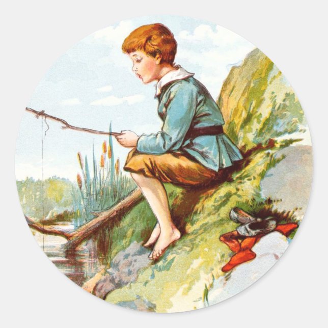 Pegatina Redonda Dibujo de época: Niño pescando en un río (Anverso)
