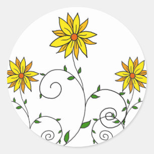 Pegatina Redonda Dibujo de flores amarillas caprichosas y lindas