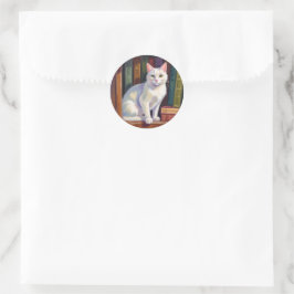 Pegatina Redonda Dibujo de gato blanco