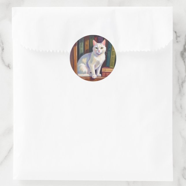 Pegatina Redonda Dibujo de gato blanco (Bolso)