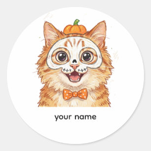 Pegatina Redonda Dibujo de gato naranja con pintura de cara de esqu