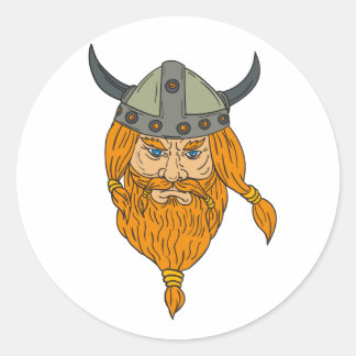 Pegatina Redonda Dibujo de la cabeza del guerrero de Norseman Vikin