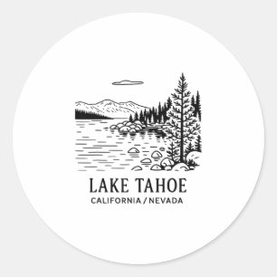 Pegatina Redonda Dibujo de la línea del lago Tahoe California Nevad