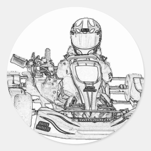 Pegatina Redonda Dibujo de lápiz de la Carreras Kart (Anverso)