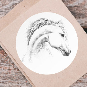Pegatina Redonda Dibujo de lápiz de retrato de caballo Arte ecuestr
