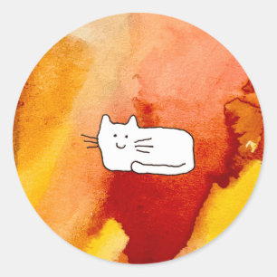 Pegatina Redonda Dibujo de línea de gato de dibujos animados