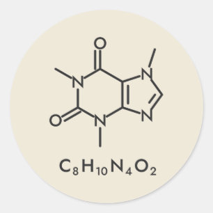 Pegatina Redonda Dibujo de línea de química de la molécula de cafeí