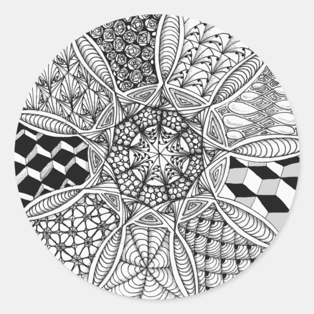 Pegatina Redonda Dibujo de Mandala en blanco y negro (Anverso)