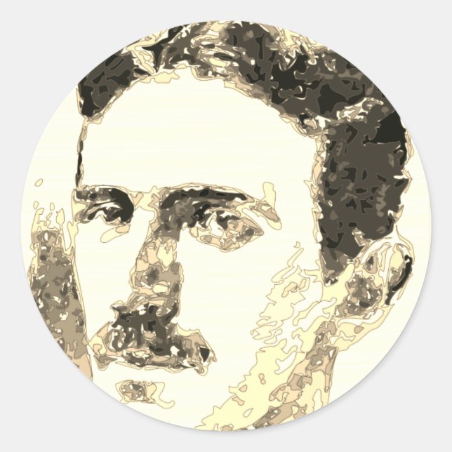 Pegatina Redonda Dibujo De Nikola Tesla En Sepia (Anverso)