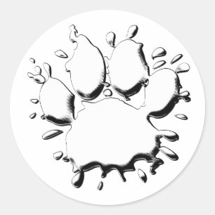 Pegatina Redonda Dibujo de pata de perro con salpicaduras de plata