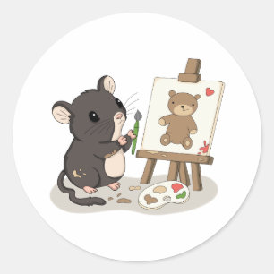 Pegatina Redonda Dibujo de ratón lindo pintando un oso de peluche P