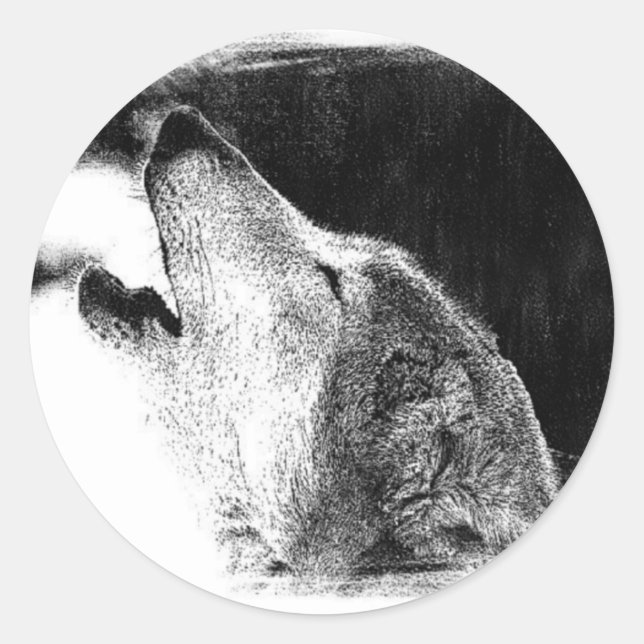 Pegatina Redonda Dibujo de sketch de lobo gris negro y blanco (Anverso)