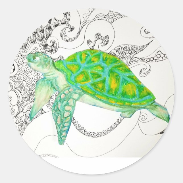 Pegatina Redonda dibujo de tortuga (Anverso)