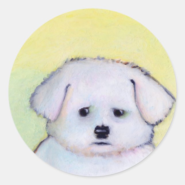 Pegatina Redonda Dibujo de un perro blanco adorable cachorro maltés (Anverso)