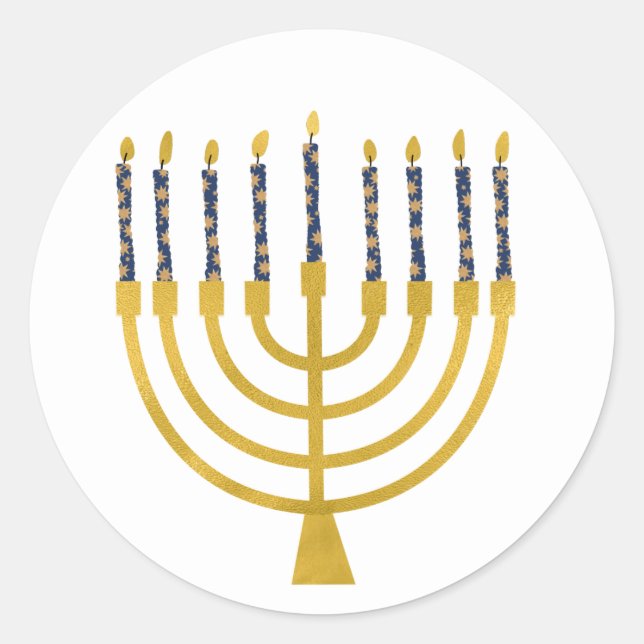 Pegatina Redonda Dibujo de velas azules de Menorah Hanukkah (Anverso)
