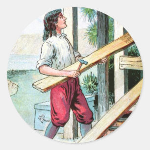 Pegatina Redonda Dibujo del vintage: Construcción de una cabina