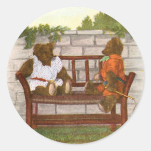 Pegatina Redonda Dibujo del vintage: El peluche refiere un banco
