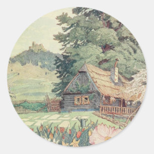 Pegatina Redonda Dibujo del vintage: Pequeña cabaña de la montañ