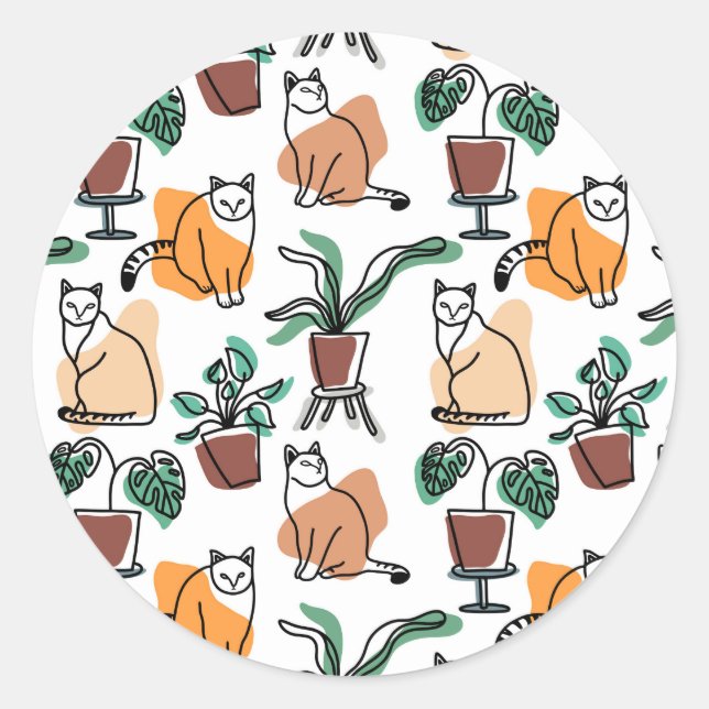 Pegatina Redonda Dibujo en línea de gatos y flores (Anverso)