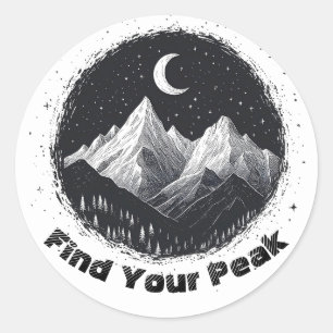 Pegatina Redonda Dibujo paisajístico de montaña y encontrar tu text