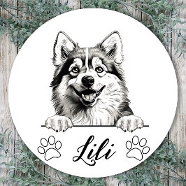Pegatina Redonda Dibujo personalizado a mano de perro de Pomsky