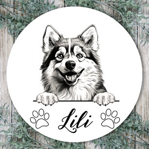 Pegatina Redonda Dibujo personalizado a mano de perro de Pomsky