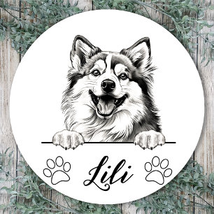 Pegatina Redonda Dibujo personalizado a mano de perro de Pomsky