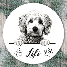 Pegatina Redonda Dibujo Personalizado a Mano de Perro Goldendoodle