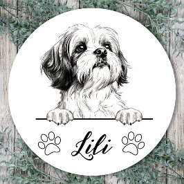 Pegatina Redonda Dibujo Personalizado a Mano de Perro Shih Tzu