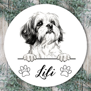 Pegatina Redonda Dibujo Personalizado a Mano de Perro Shih Tzu