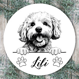 Pegatina Redonda Dibujo personalizado de la mano de un perro de la 