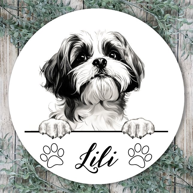 Pegatina Redonda Dibujo Personalizado de Perro Shih Tzu a Mano (Subido por el creador)