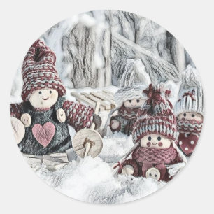 Pegatina Redonda Dibujo vintage de los gnomos en la nieve