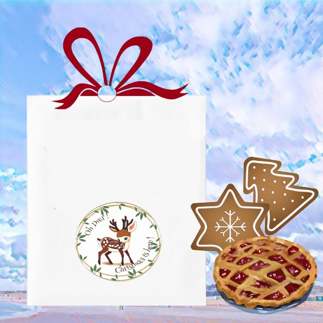 Pegatina Redonda Dibujos Animados de Ciervos Lindos Diversión Coron (Fun Cute Deer Cartoon Green Wreath Christmas Kid's Classic Round Sticker)