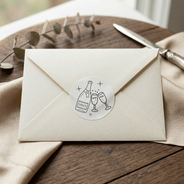 Pegatina Redonda Dibujos caprichosos de boda Monograma Gris y Blanc (Wedding Whimsical Doodles Grey and White Classic Round Sticker by Ricaso. A fun modern monogram)