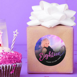 Pegatina Redonda Dieciocho decimoctavo cumpleaños foto púrpura rosa