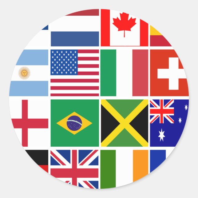 Pegatina Redonda Dieciséis banderas de camisetas de muchas naciones (Anverso)
